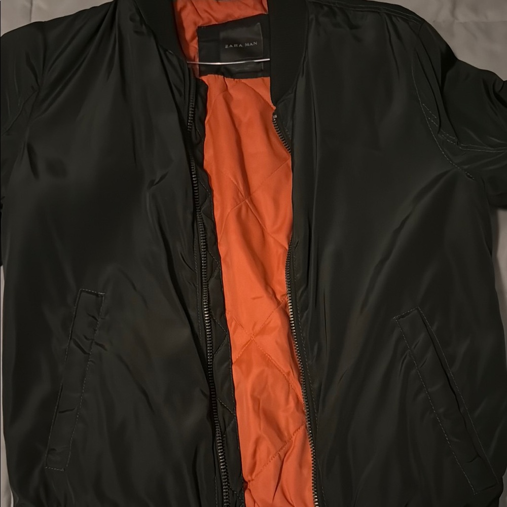 Zara Man Black Bomber Jacket with Orange Lining